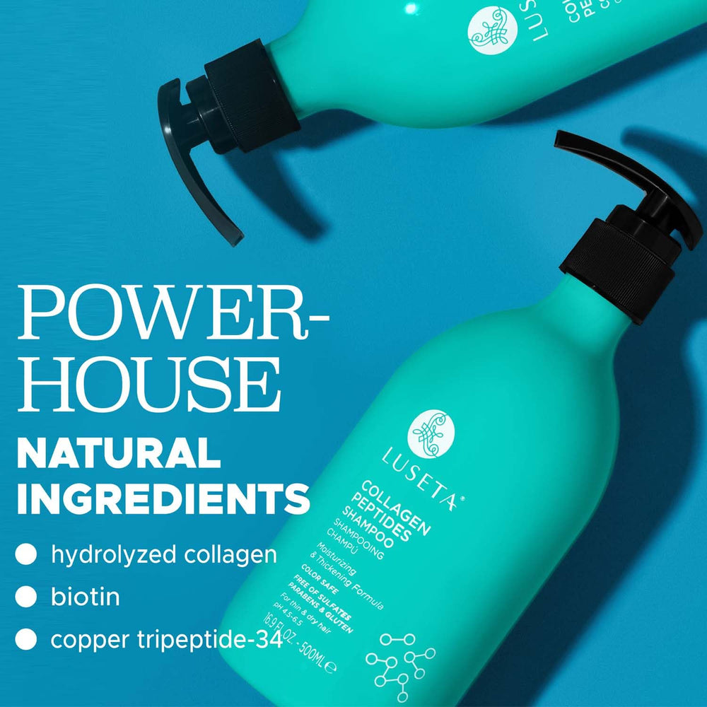 Luseta Collagen Peptides Shampoo label close-up shows premium hair care ingredients.