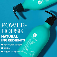 Luseta Collagen Peptides Shampoo label close-up shows premium hair care ingredients.