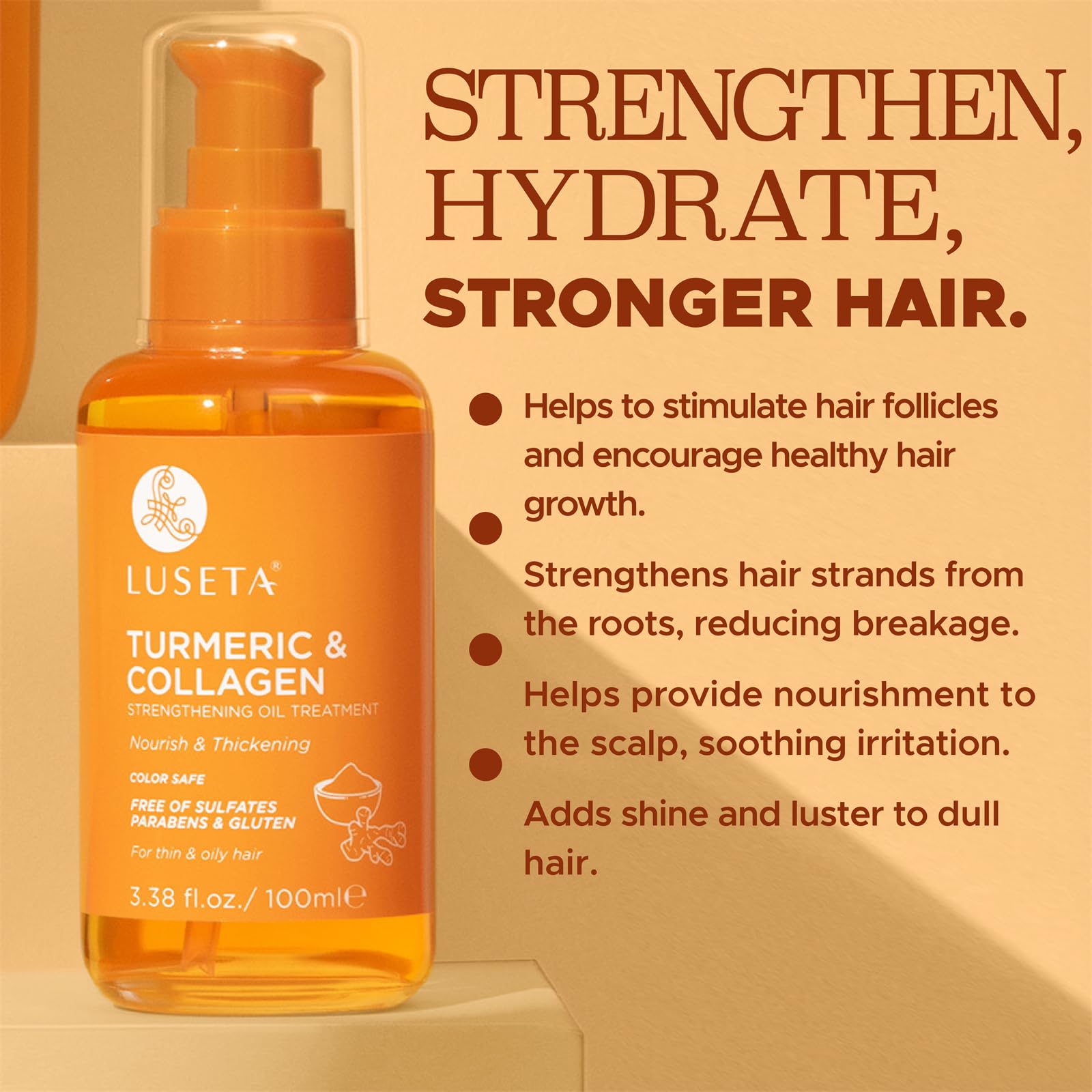 Color-safe Luseta Turmeric & Collagen Hair Serum for color-treated hair.
