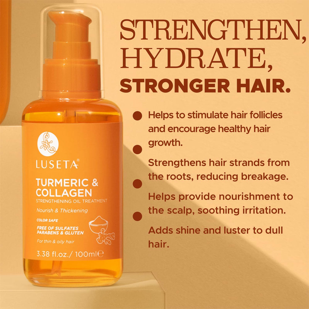 Color-safe Luseta Turmeric & Collagen Hair Serum for color-treated hair.