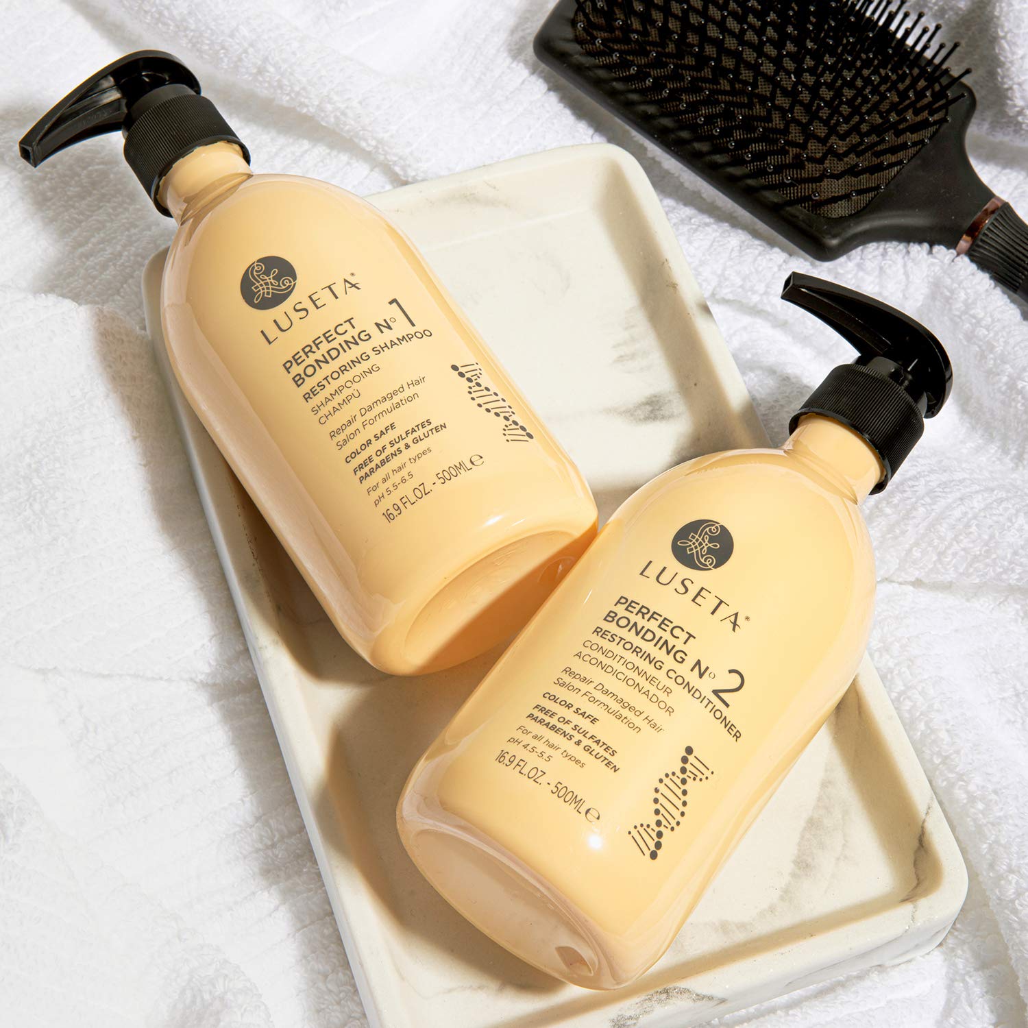 Luseta conditioner on damp hair, illustrating detangling and easier manageability after wash.