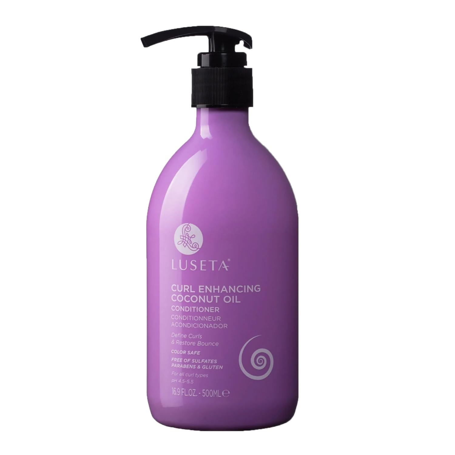 Luseta Curl Enhancing Conditioner bottle emphasizes coconut oil benefits for defined curls.