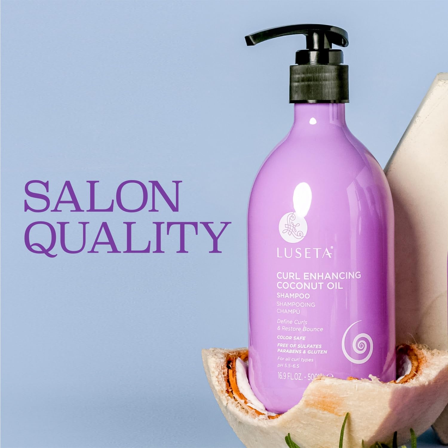 Luseta Curl Enhancing Shampoo label closeup showing gluten-free and sulfate-free cleansing