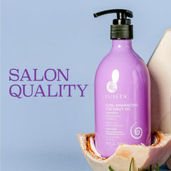 Luseta Curl Enhancing Shampoo label closeup showing gluten-free and sulfate-free cleansing