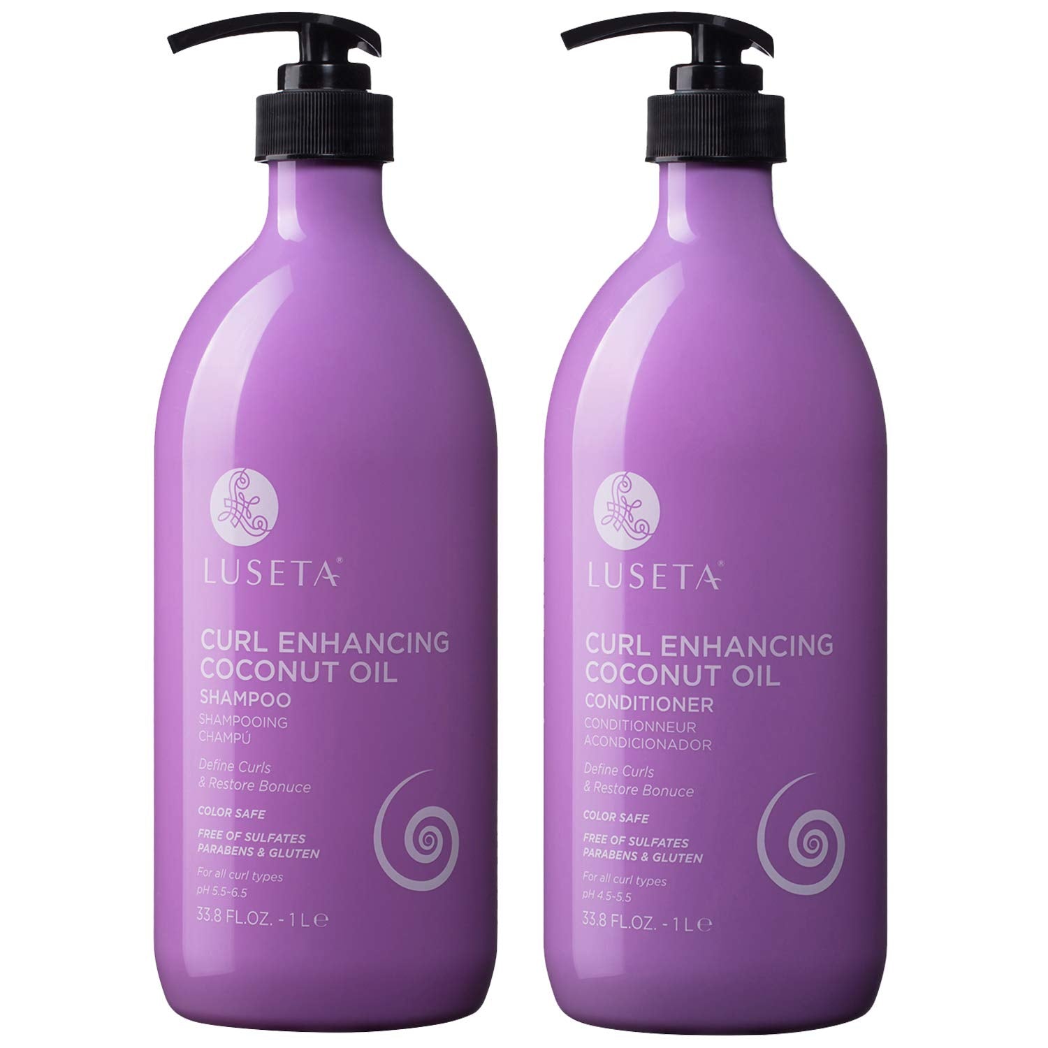 L Luseta curly shampoo bottle enhances definition with coconut oil for soft, bouncy curls.