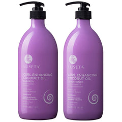L Luseta curly shampoo bottle enhances definition with coconut oil for soft, bouncy curls.