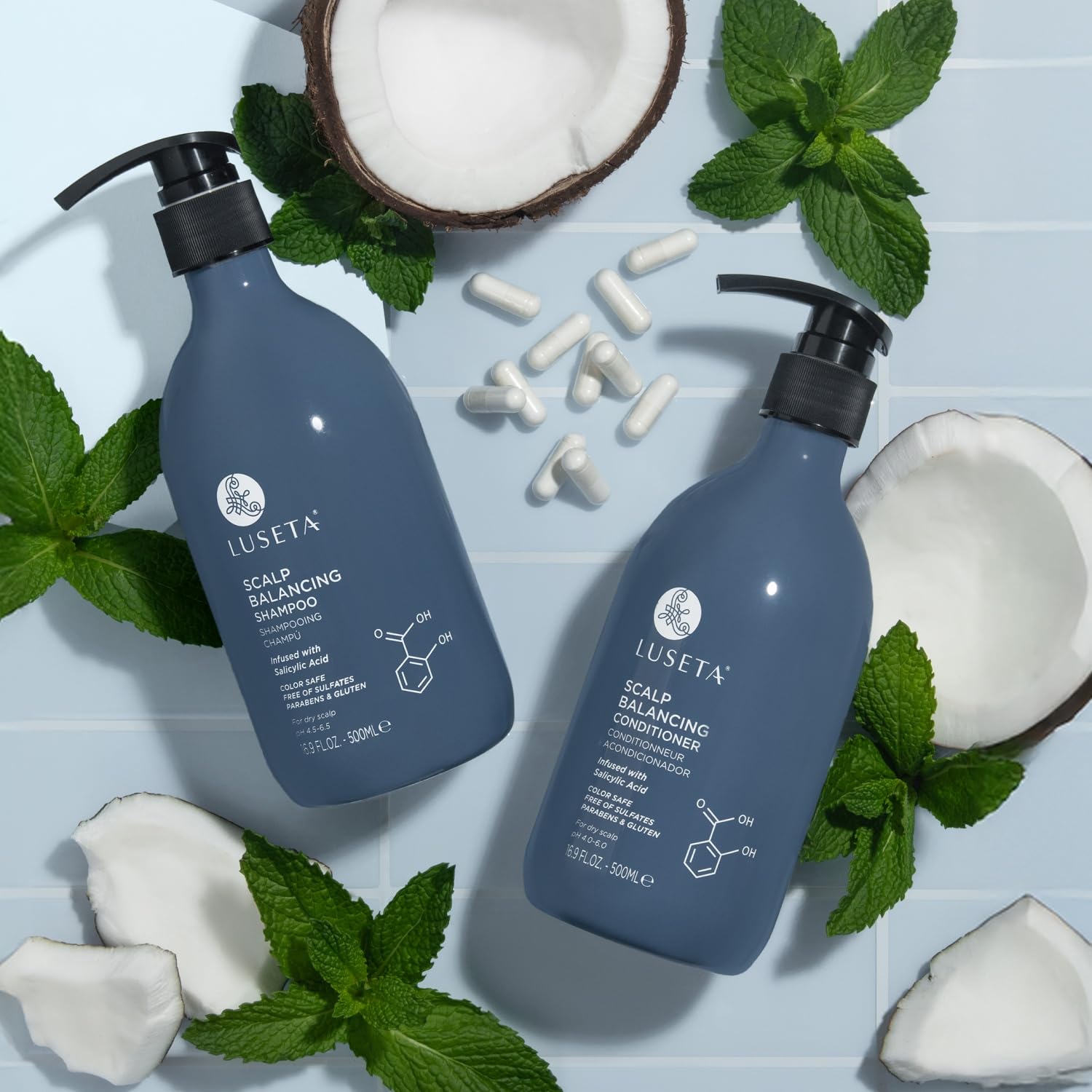 Luseta daily hair care routine image in a bathroom setting
