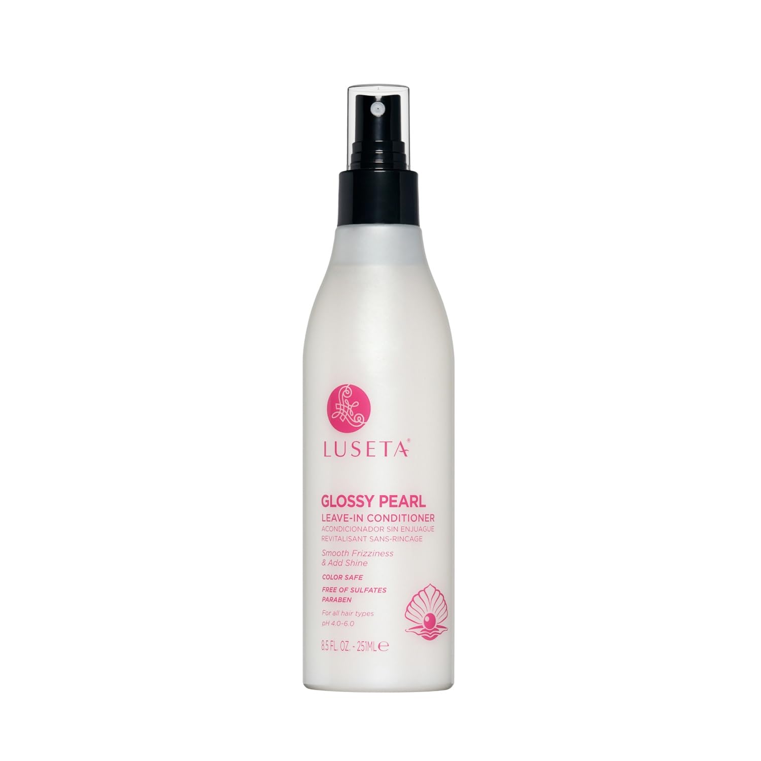 Luseta Glossy Pearl Leave-In Conditioner bottle pour adds instant shine and hydration.