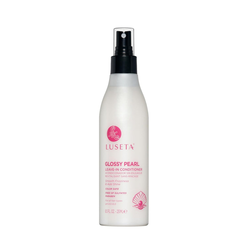 Luseta Glossy Pearl Leave-In Conditioner bottle pour adds instant shine and hydration.