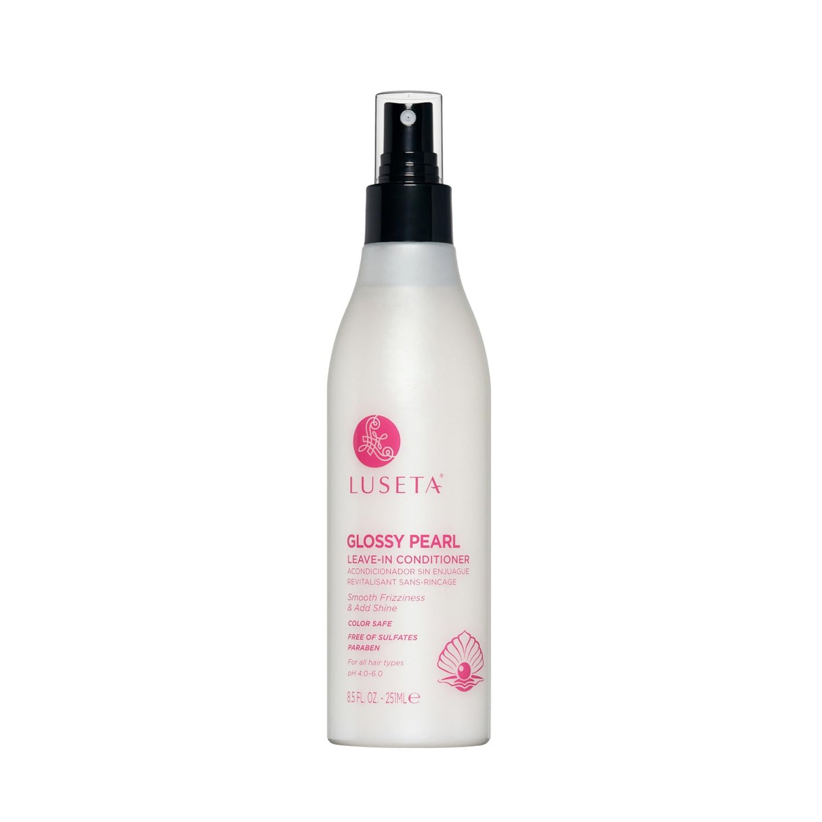 Luseta Glossy Pearl Leave-In Conditioner bottle pour adds instant shine and hydration.