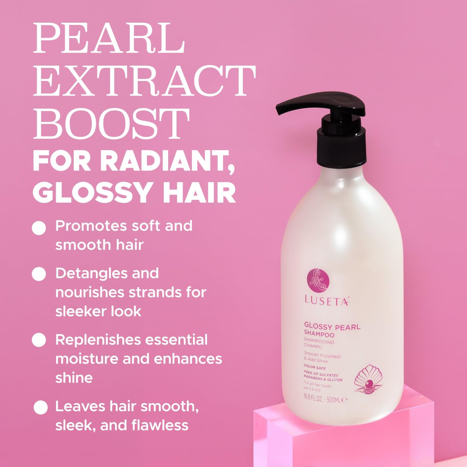 Luseta glossy pearl shampoo label closeup highlighting pearl-infused radiance.
