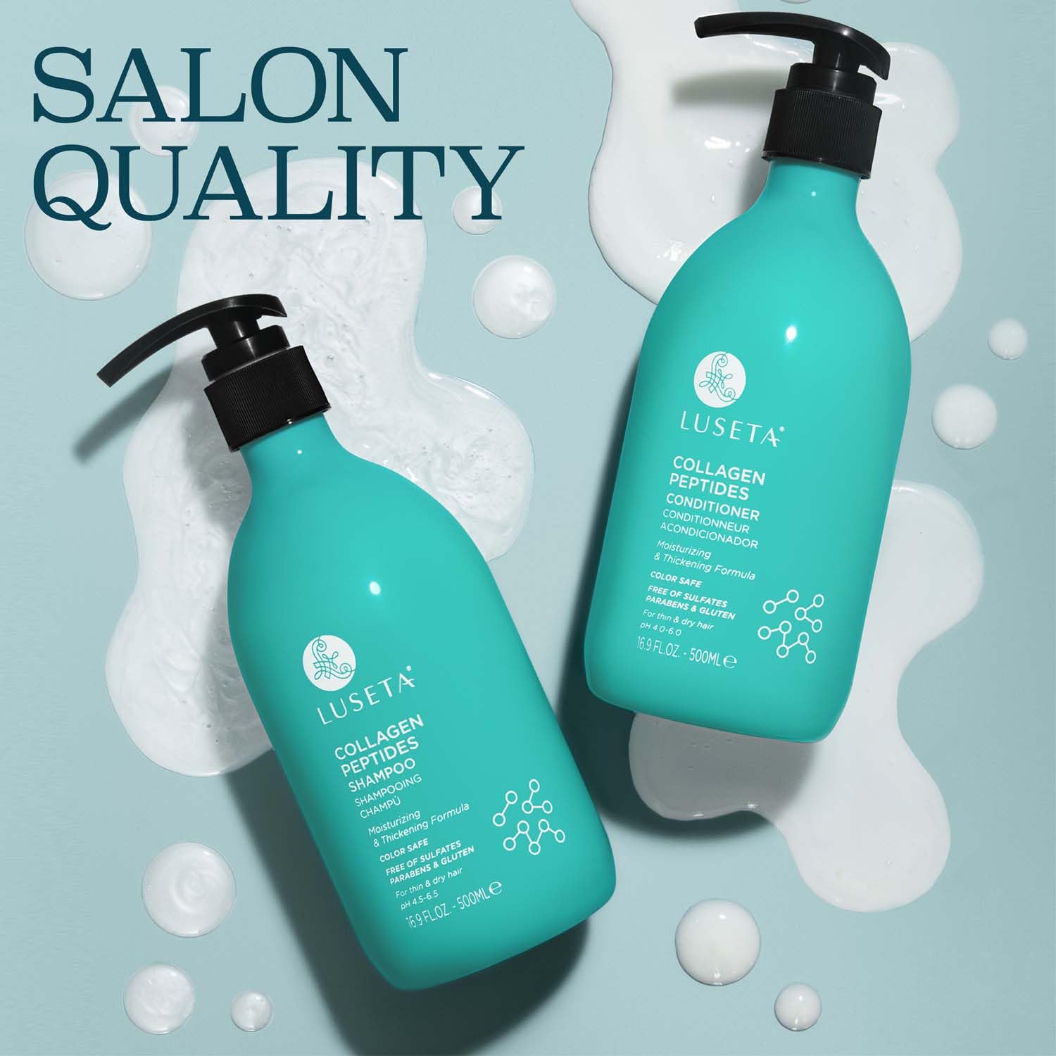 Luseta hair care set box and tubes on sink scene for a premium routine.