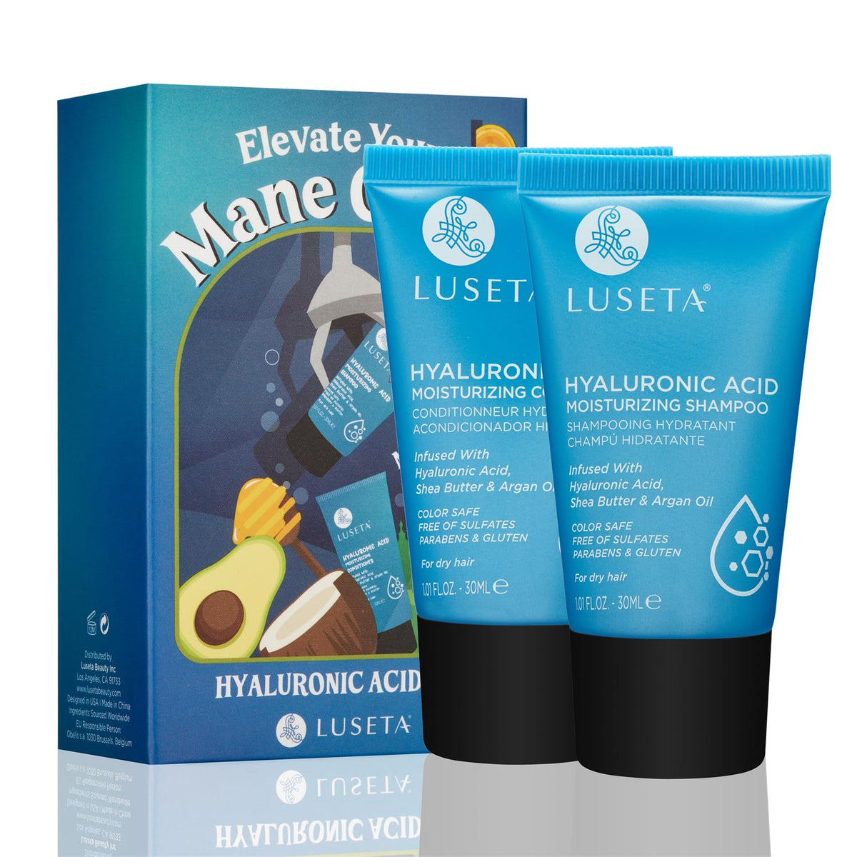Luseta Hyaluronic Acid set bottles promote hydration and natural shine.