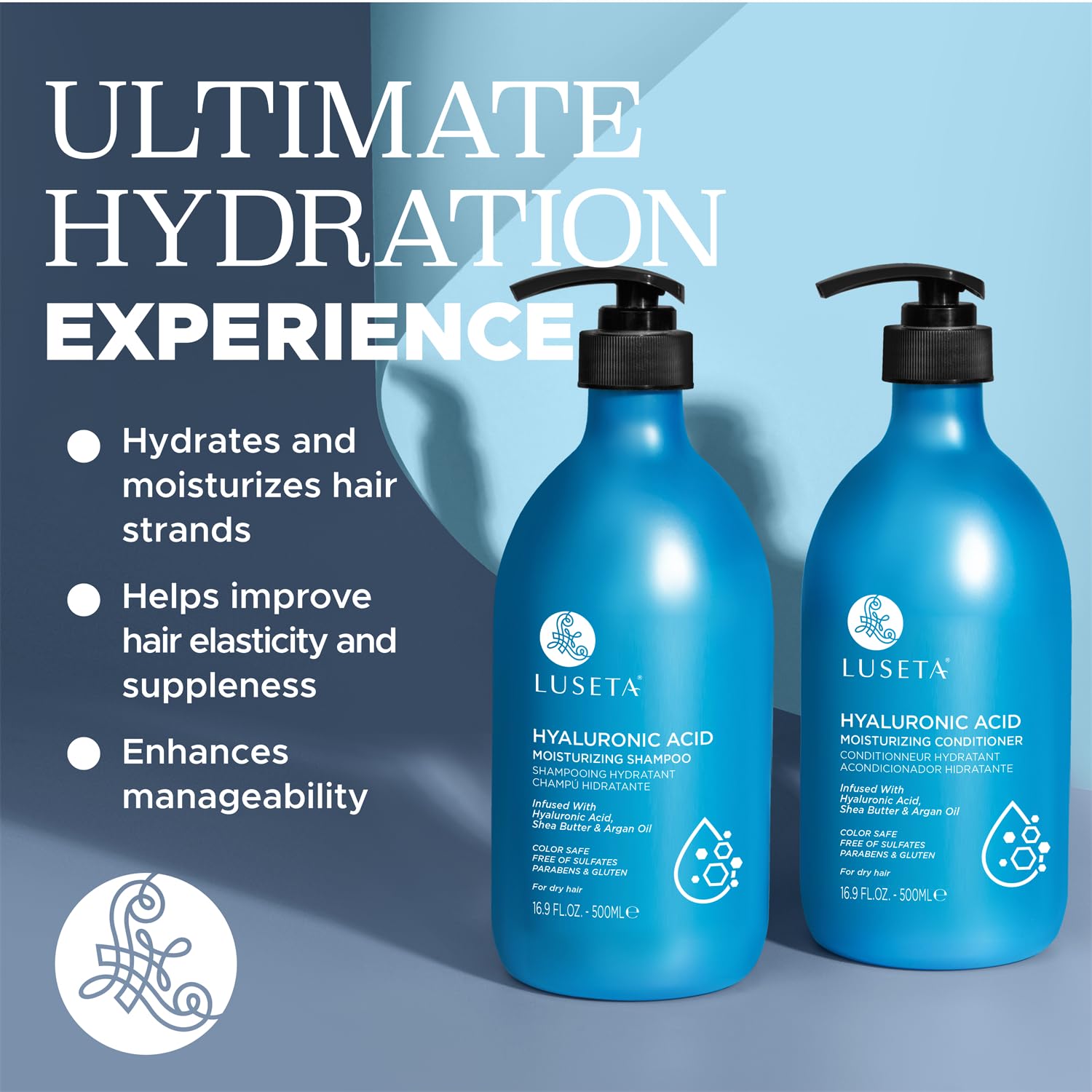 Luseta Hyaluronic Acid set packaging close-up highlighting color-safe care.