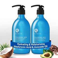 Luseta Hyaluronic Acid Shampoo bottle delivering deep hydration for dry hair.