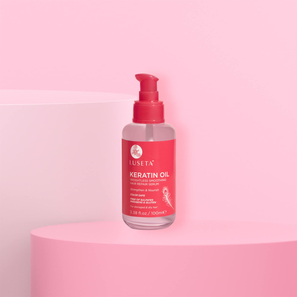 Luseta Keratin Hair Oil Serum on bathroom shelf signaling daily conditioning