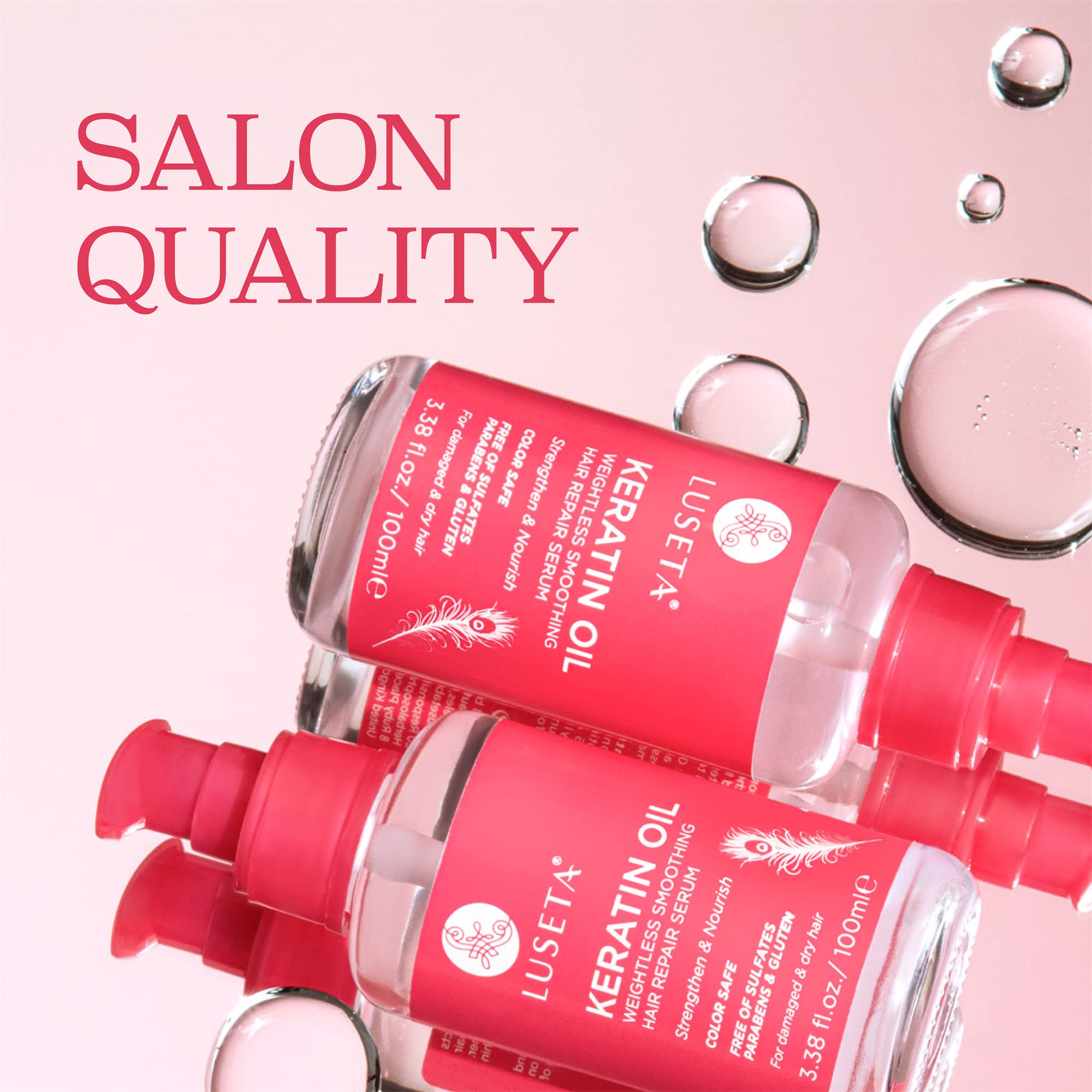 Luseta Keratin Hair Oil Serum pump showing lightweight nourishment for frizz control