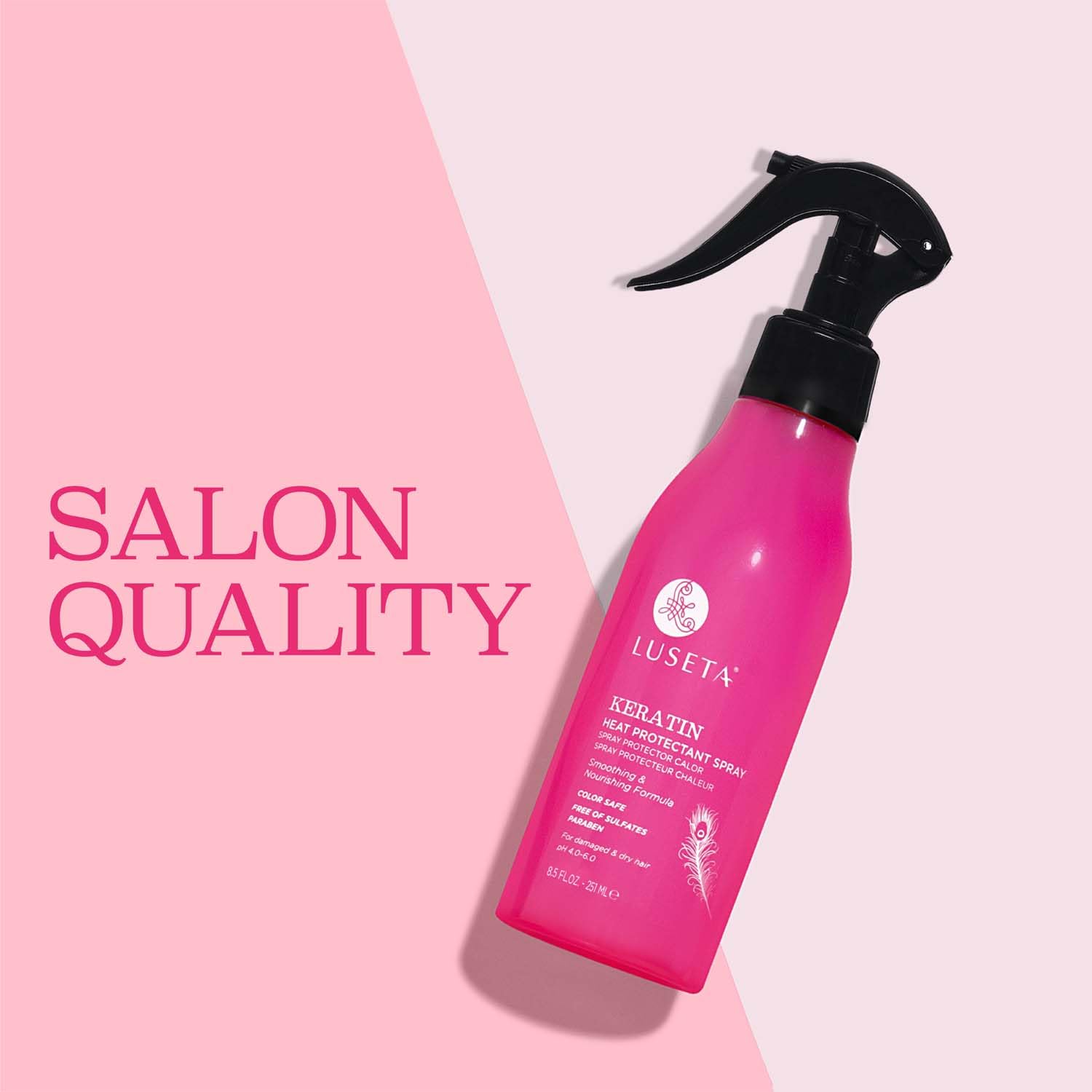 Luseta Keratin Heat Protectant bottle shown with styling tools nearby.