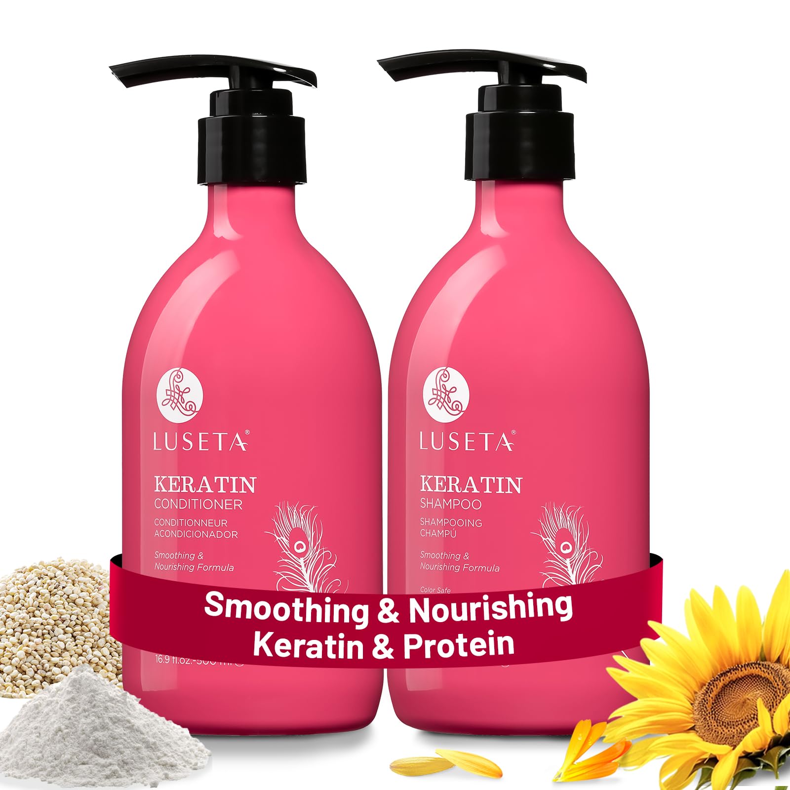 Luseta Keratin Shampoo bottle pour for color-treated hair nourishment.