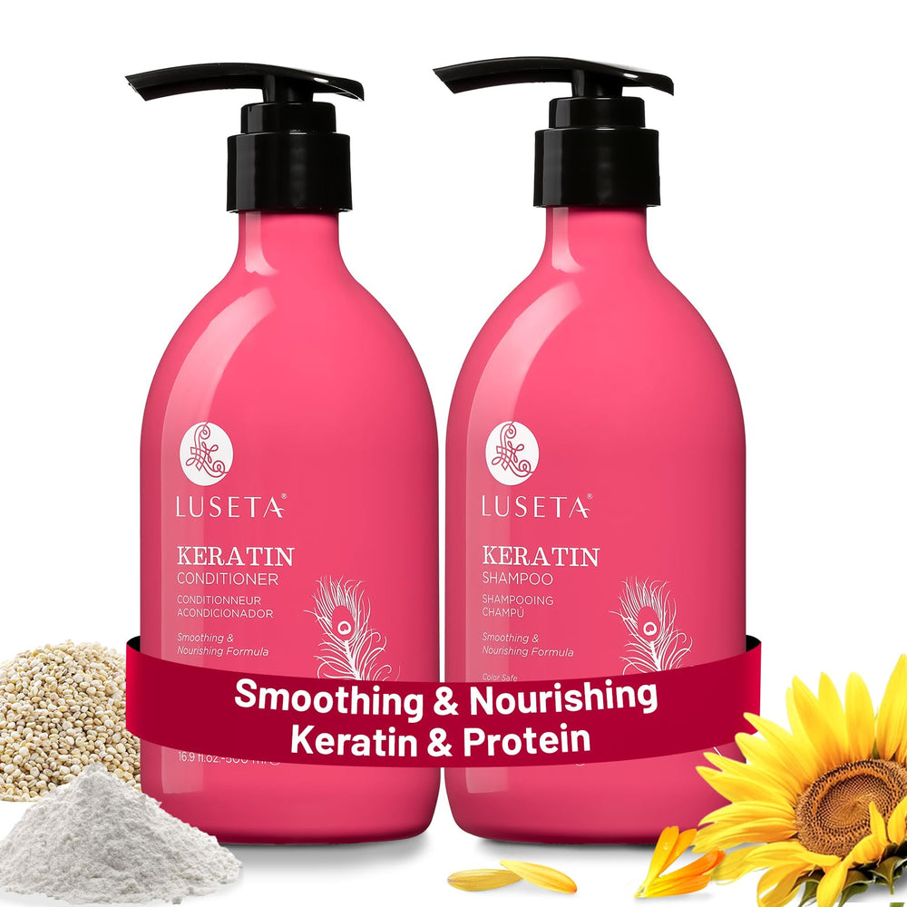 Luseta Keratin Shampoo bottle pour for color-treated hair nourishment.