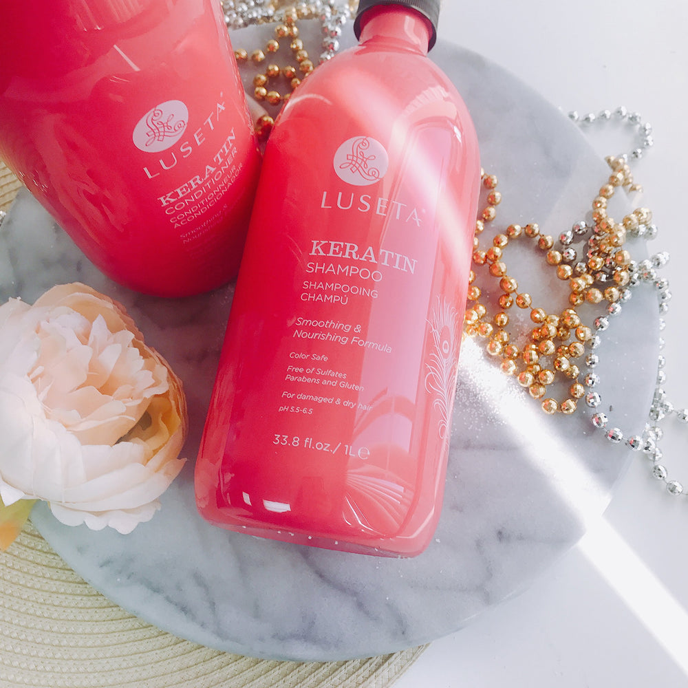 Luseta Keratin Smooth vanity setup with shampoo and conditioner bottles.