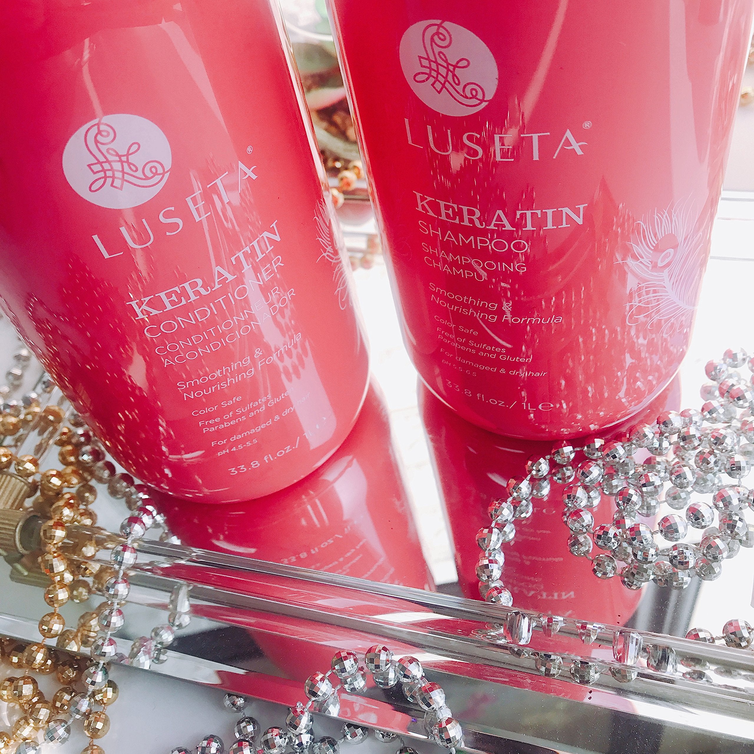 Luseta Keratin Smooth hair washing scene in a bright bathroom.