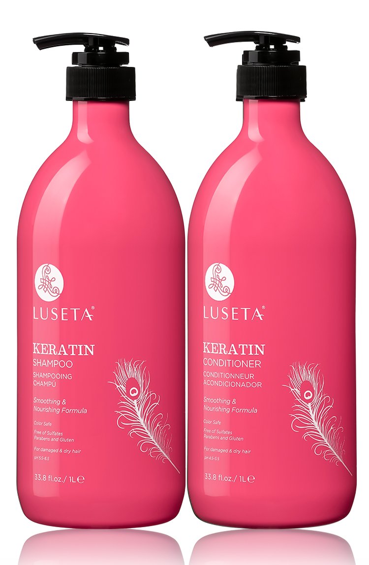 Luseta Keratin Smooth shampoo bottle on bathroom shelf for hydrated, frizz-free hair.