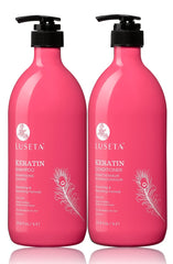 Luseta Keratin Smooth shampoo bottle on bathroom shelf for hydrated, frizz-free hair.