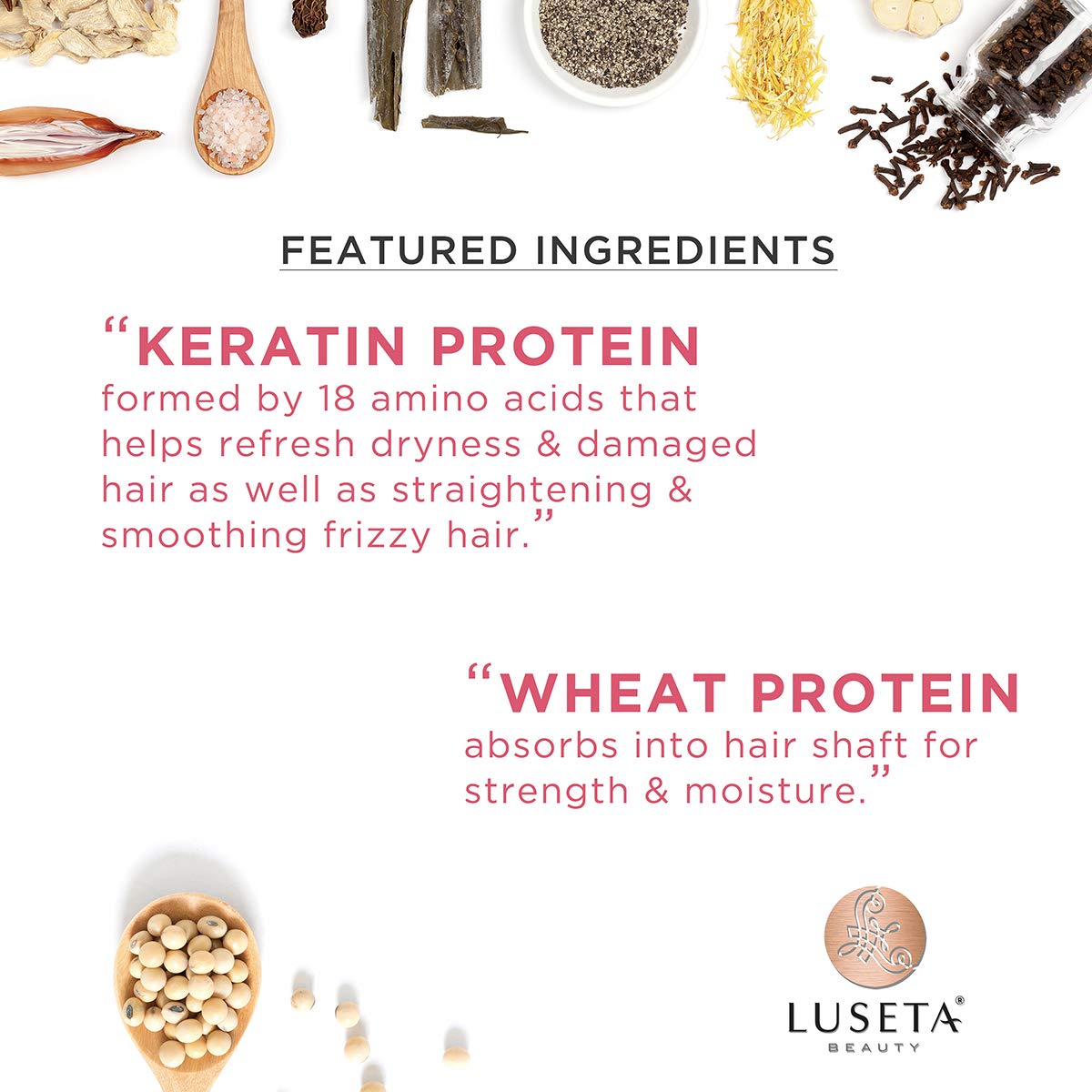 Luseta Keratin Smooth shampoo label close-up emphasizes moisturizing ingredients.