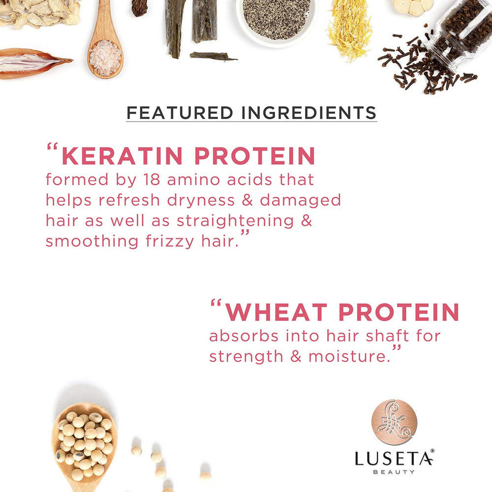 Luseta Keratin Smooth shampoo label close-up emphasizes moisturizing ingredients.