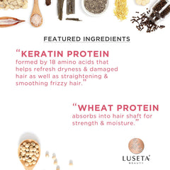 Luseta Keratin Smooth shampoo label close-up emphasizes moisturizing ingredients.