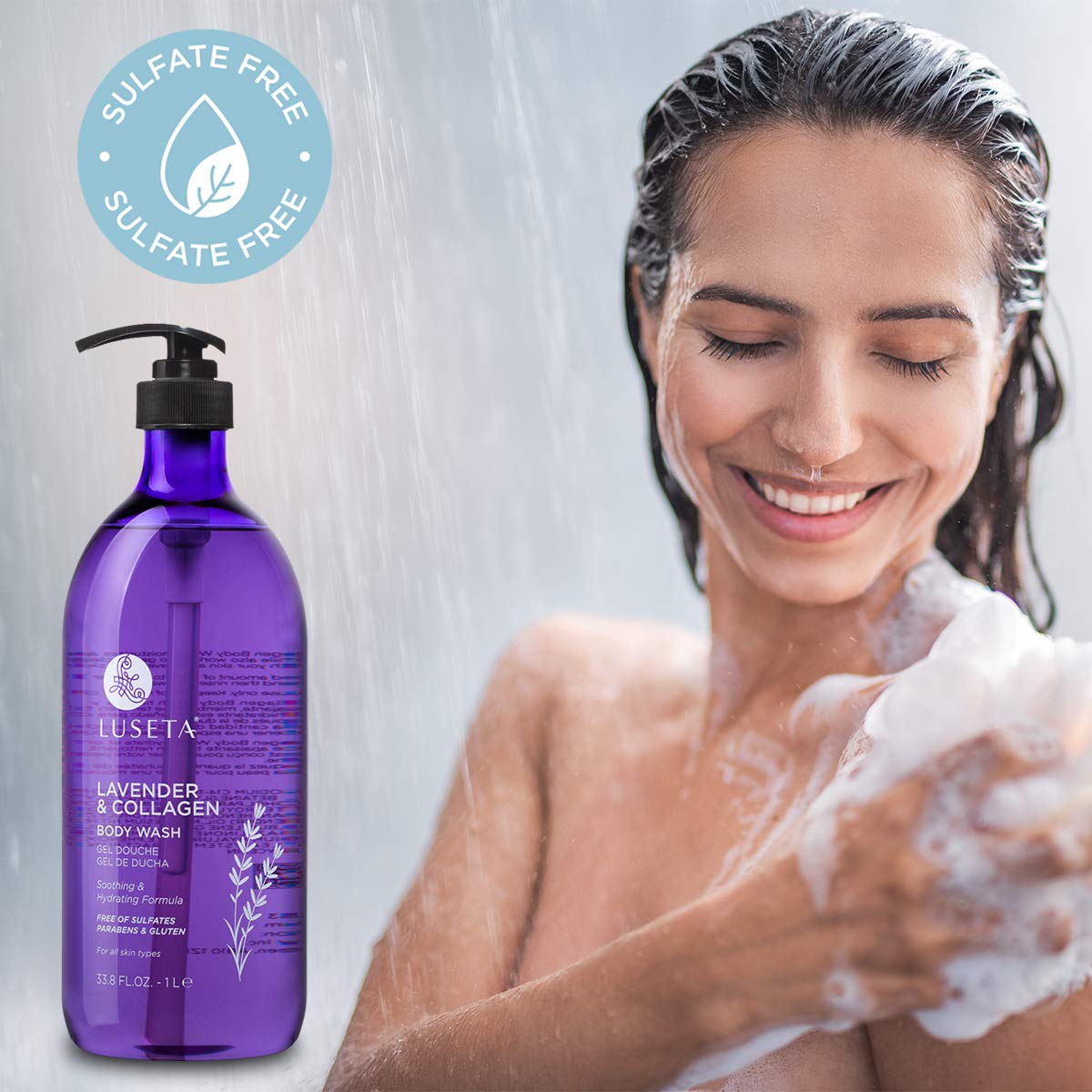 Luseta Lavender Body Wash pour-action highlighting smooth lather