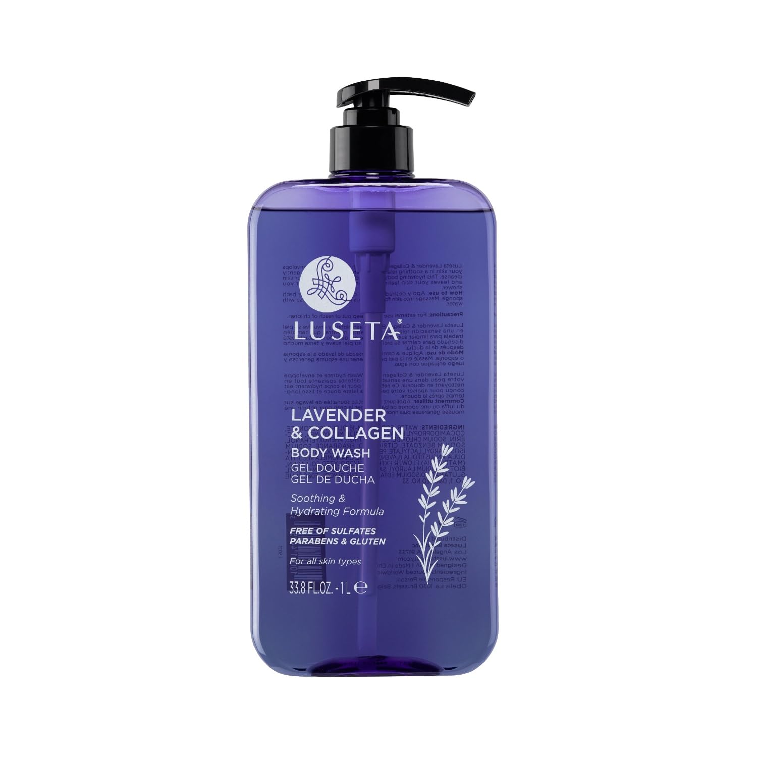 Luseta Lavender & Collagen Body Wash bottle front shows calming hydration.