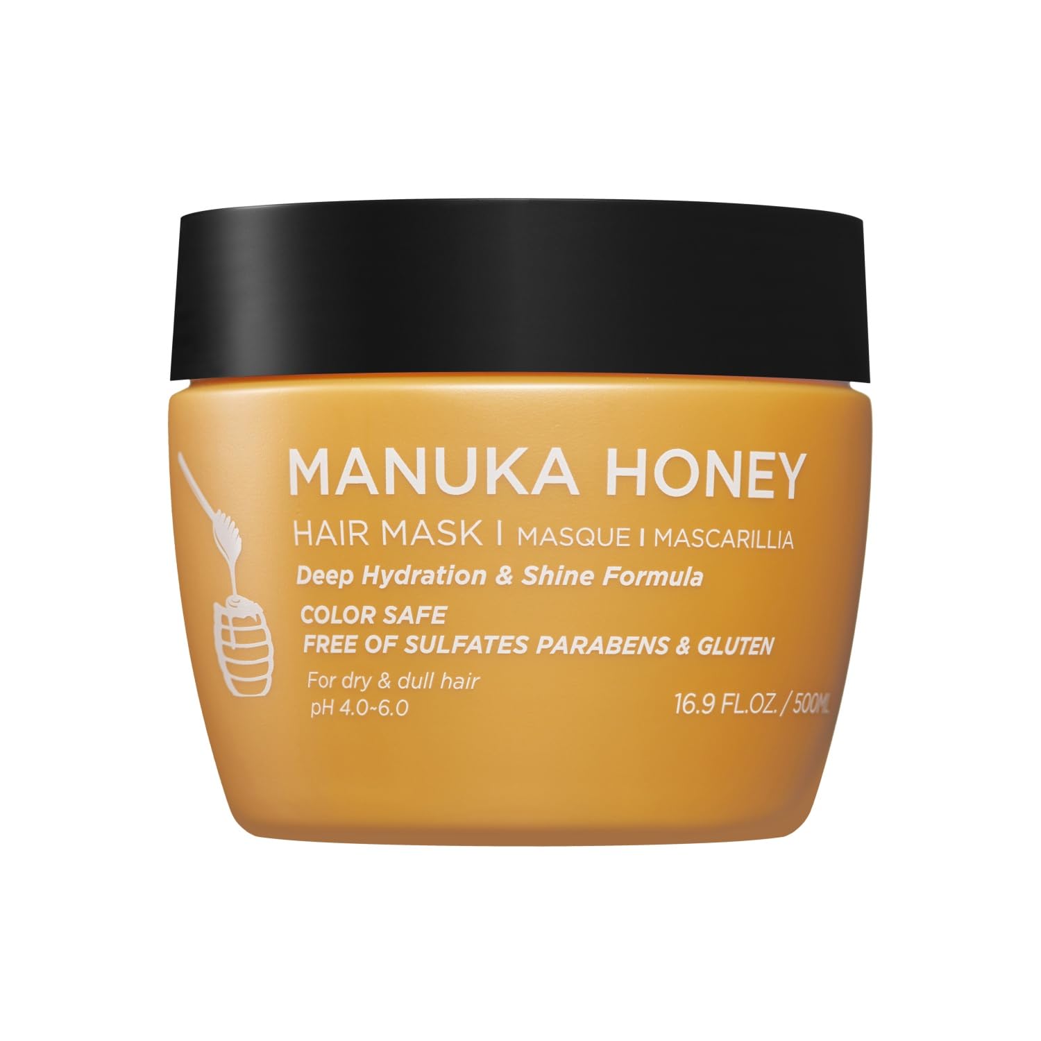 L Luseta Manuka Honey Hair Mask jar closeup shows rich moisture for dry hair.