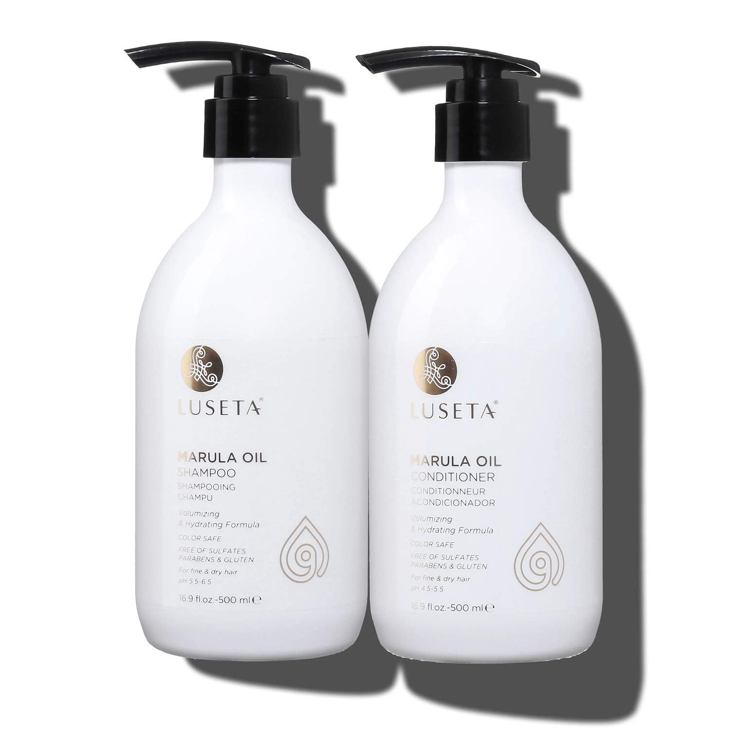 Luseta Marula Oil Shampoo bottle highlighting nourishing formula for fine hair.