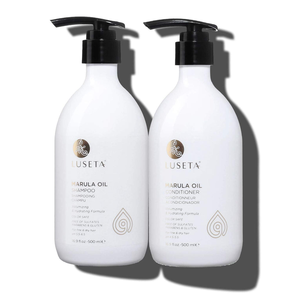 Luseta Marula Oil Shampoo bottle highlighting nourishing formula for fine hair.