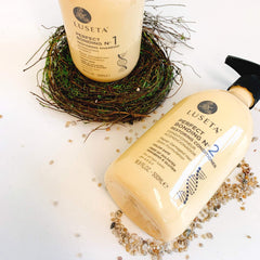 Luseta Perfect Bonding Restoring Shampoo and Conditioner pair on shelf, sulfate-free formula suitable for all hair types.