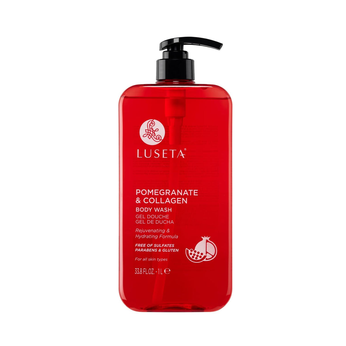 Luseta Pomegranate and Collagen Body Wash bottle for nourishing cleanse