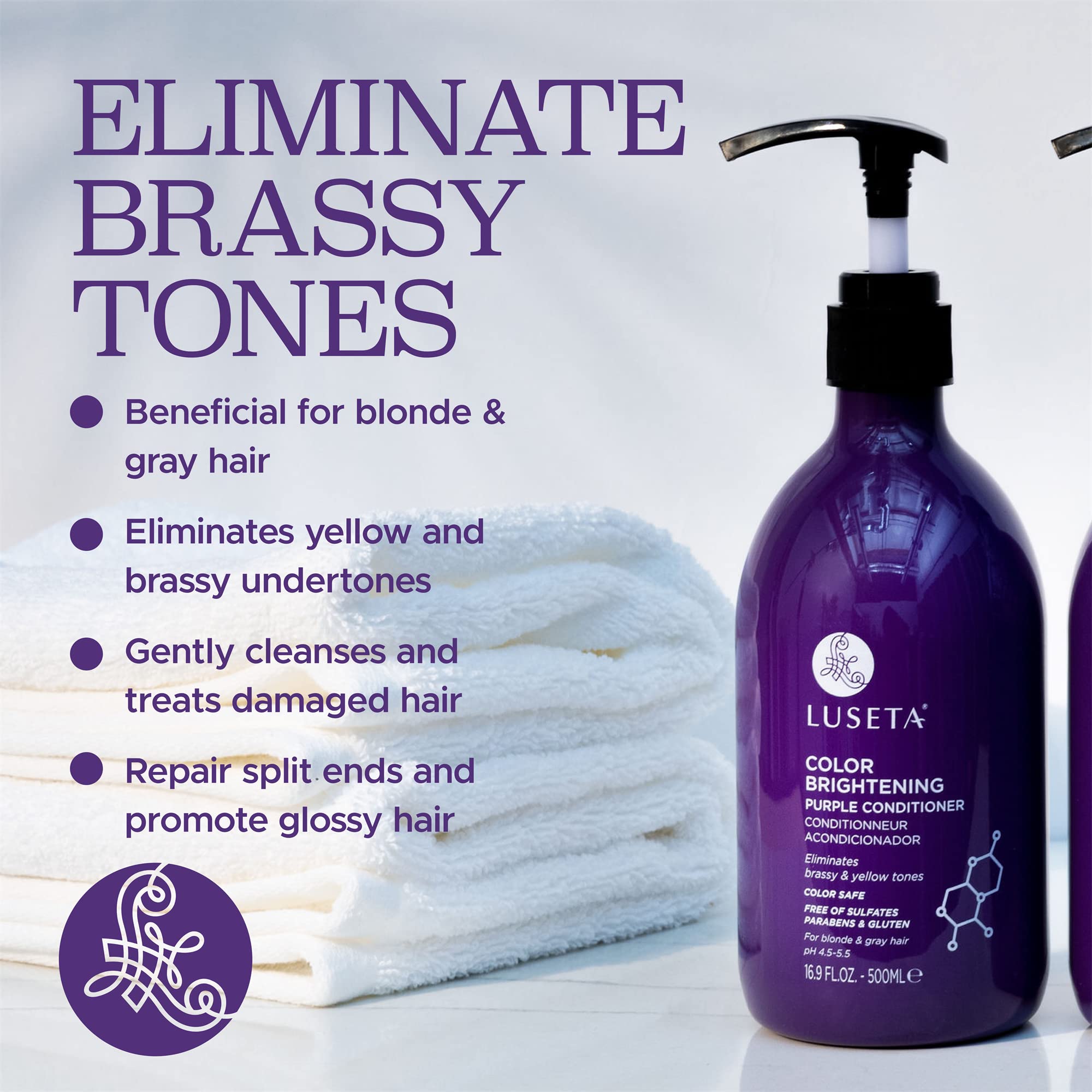 L Luseta Purple Conditioner label closeup emphasizes gentle, sulfate-free formula for color-treated hair.
