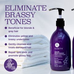 L Luseta Purple Conditioner label closeup emphasizes gentle, sulfate-free formula for color-treated hair.