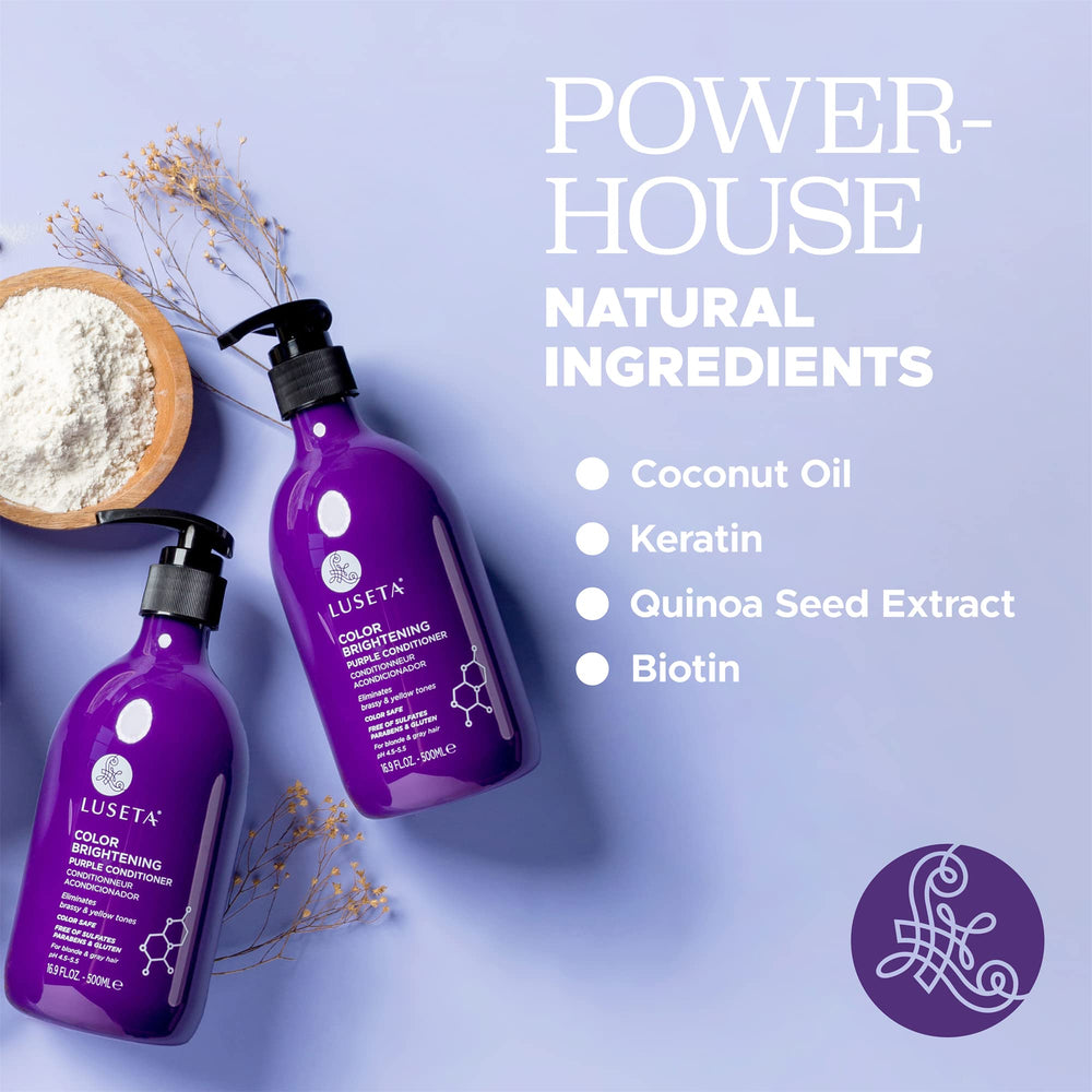 L Luseta Purple Conditioner pump dispense highlights easy application for smooth, manageable strands.