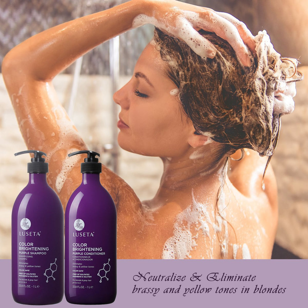 Luseta Purple Shampoo used on blonde hair to brighten color and reduce dullness.