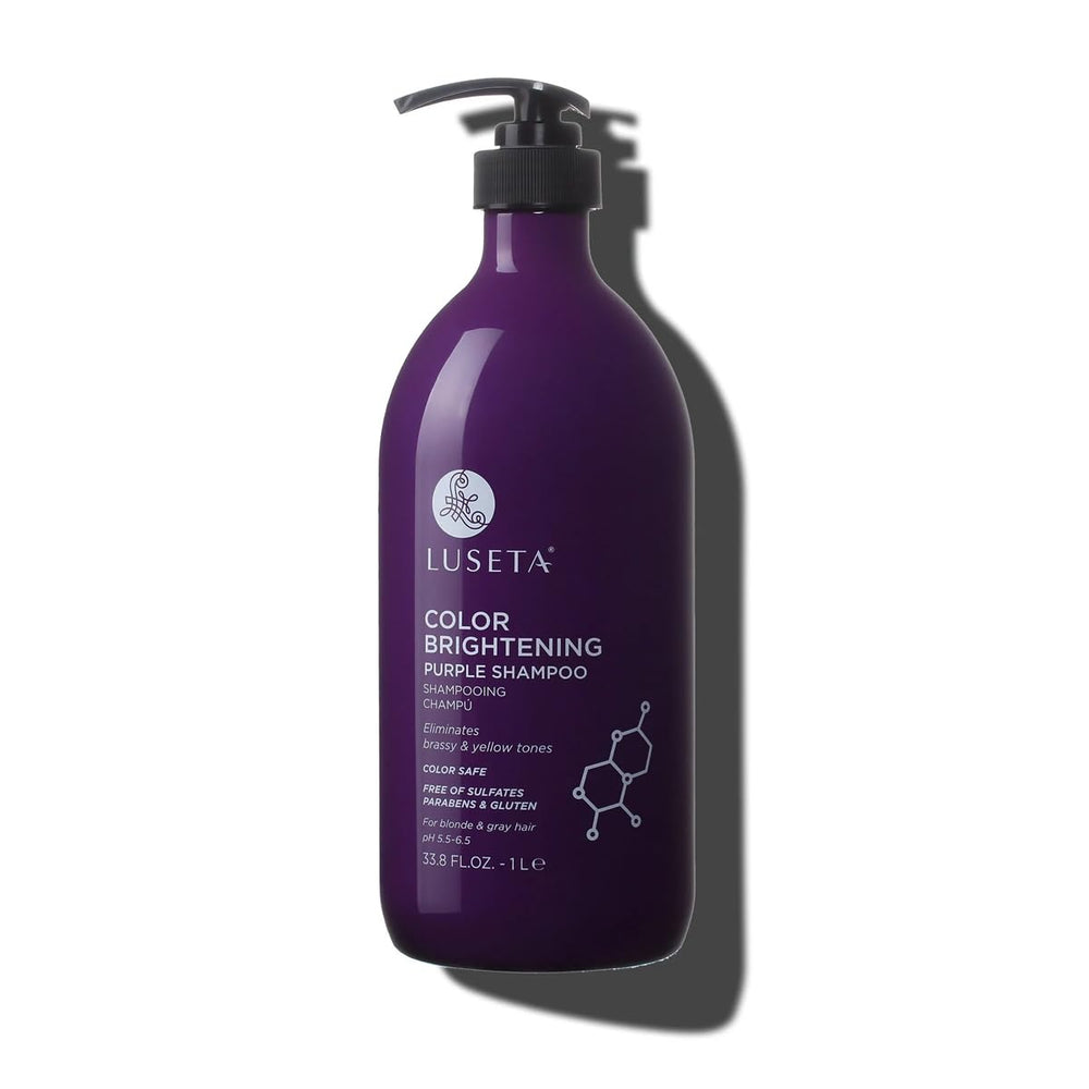 Luseta Purple Shampoo bottle front illustrates brassy tone protection for blonde and gray hair.