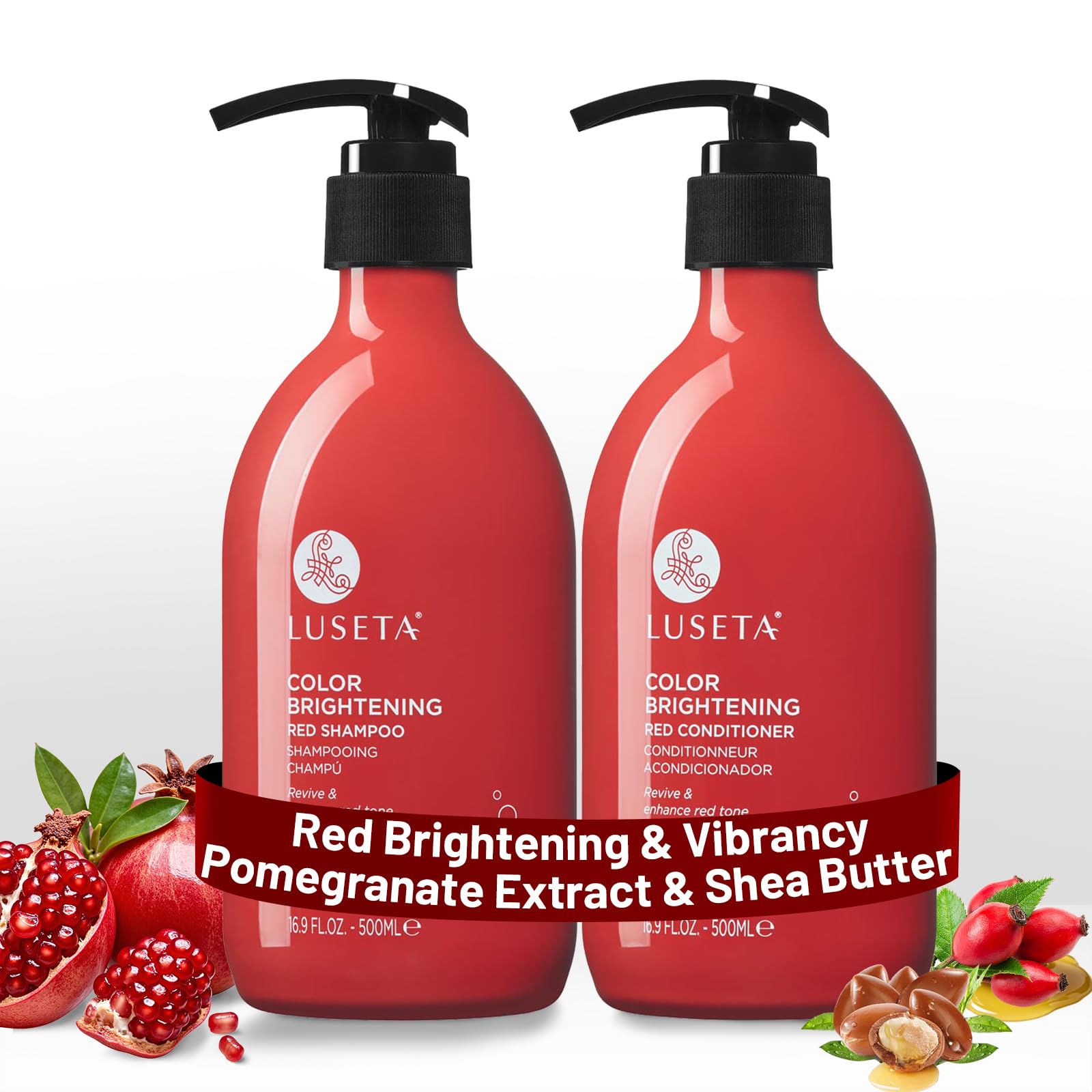Luseta red shampoo bottle for copper brightening.