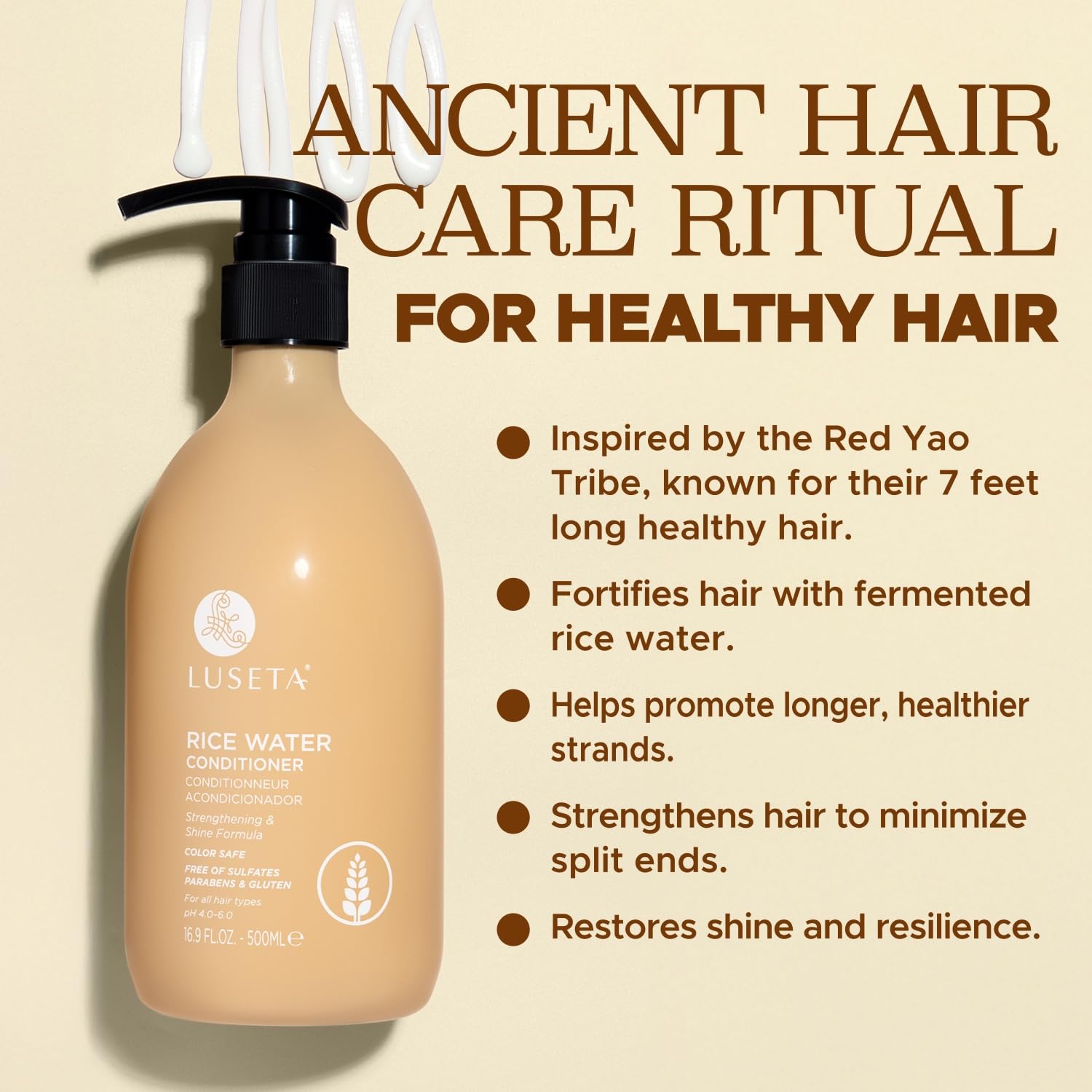 L Luseta Rice Water Conditioner foam application for smoothing and detangling.