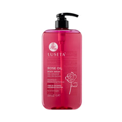 Luseta Rose Oil Body Wash bottle on shelf, promising silky, hydrated skin.