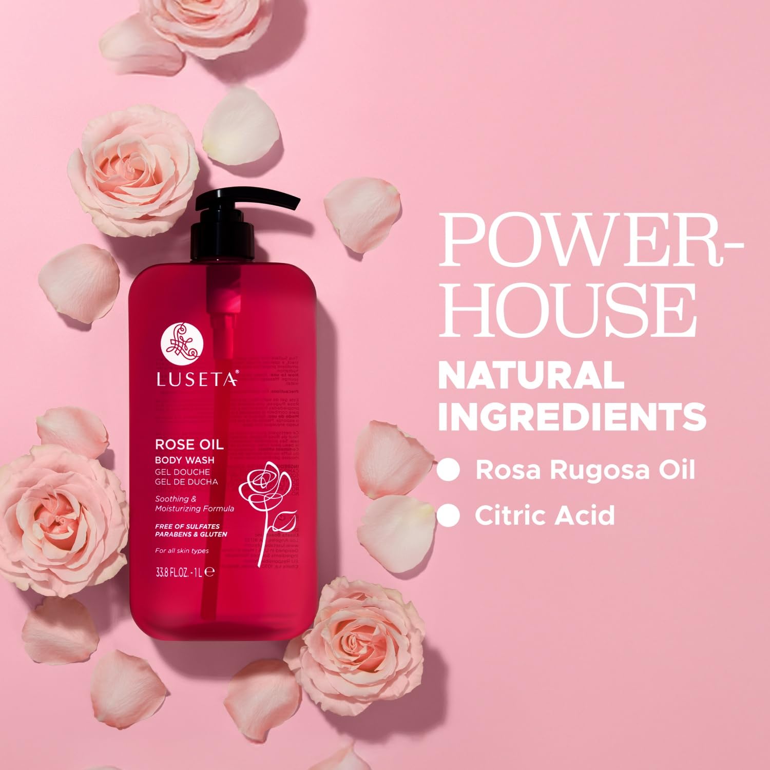Luseta Rose Oil Body Wash bottle with loofah highlighting hydration for dry skin.