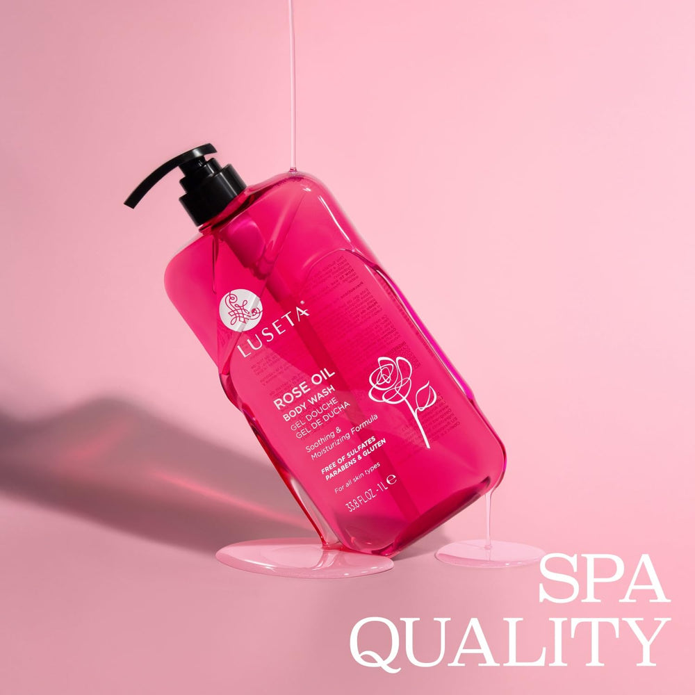 Luseta Rose Oil Body Wash bottle next to towel emphasizing moisturizing cleanse.