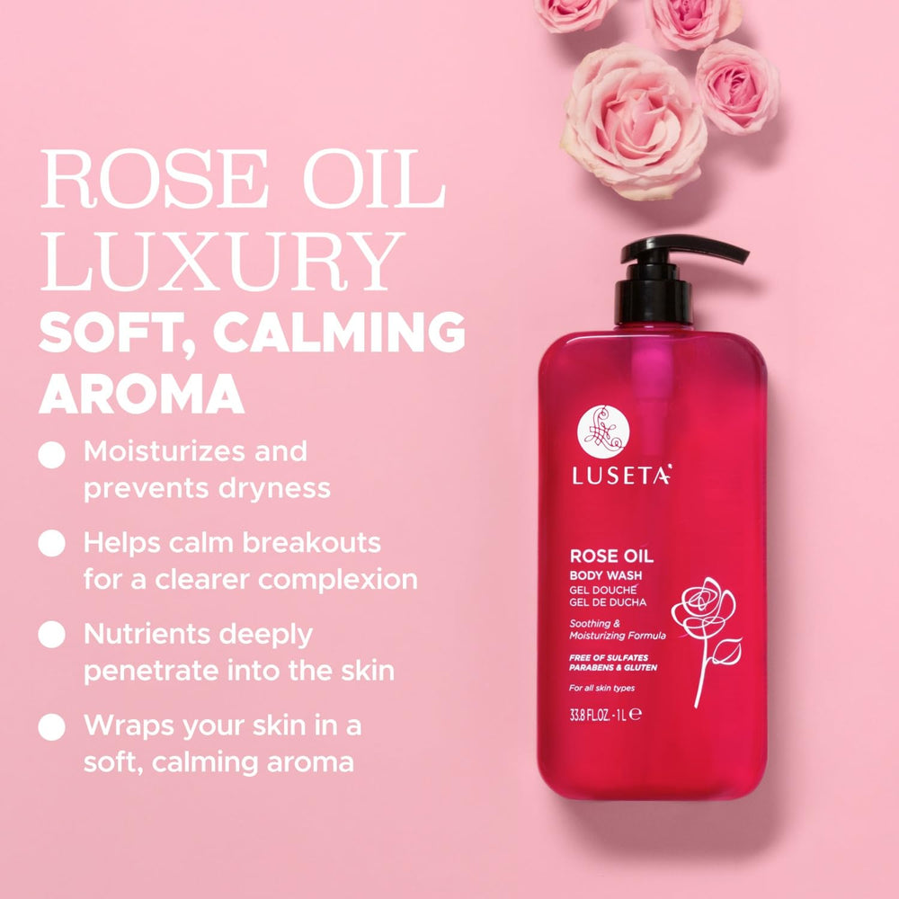 Luseta Rose Oil Body Wash creamy foam close-up showing gentle cleansing.