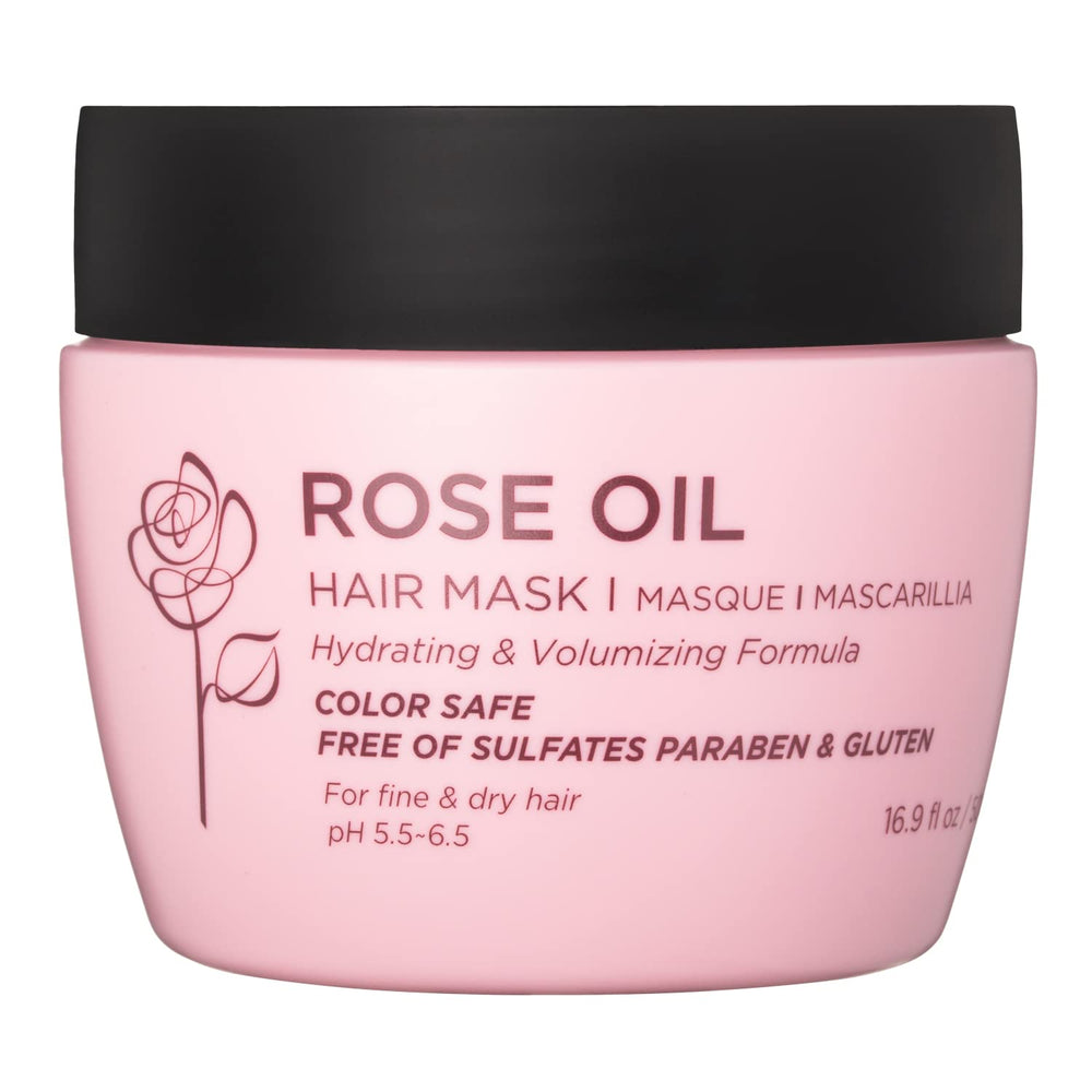 Luseta Rose Oil Hair Mask bottle close-up showing product details and hydration focus